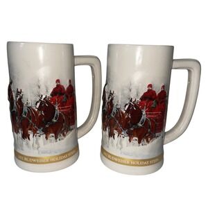 Budweiser Holiday Stein 2012 Winter Wonderland Clydesdale Set of 2 White Red